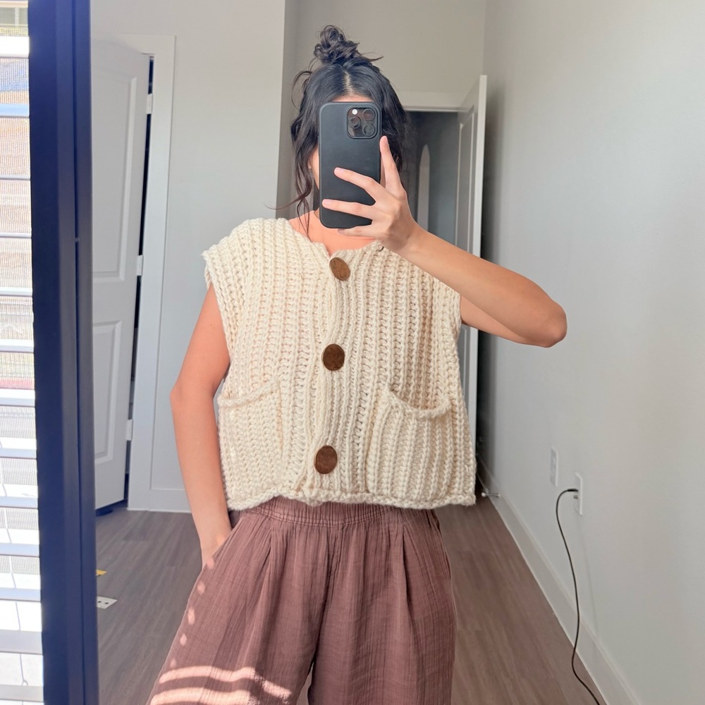 Cream Knit Button-Up Sweater Vest